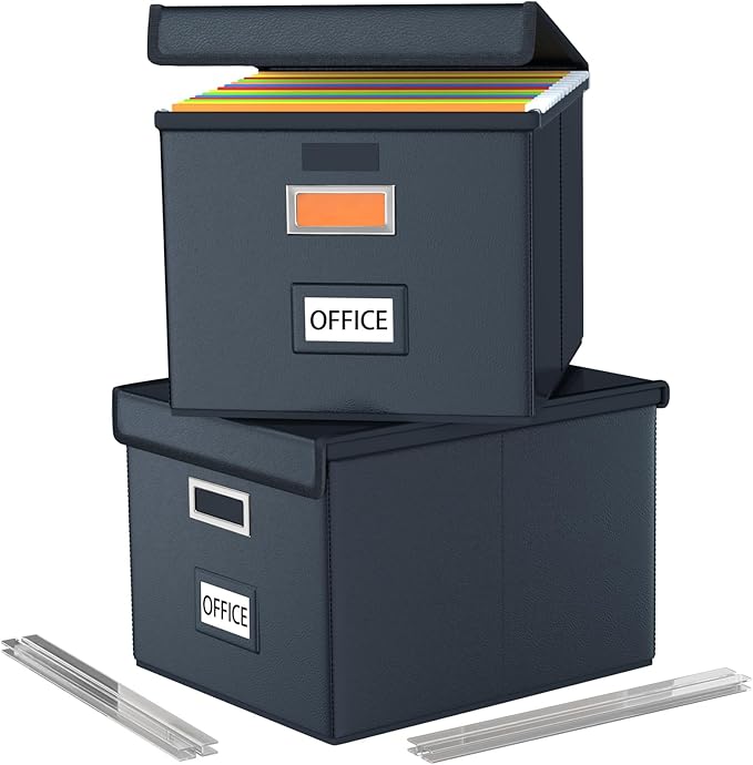 Huolewa File Organizer Boxes with Lids, Collapsible Faux Leather Hanging File Folder Box Organizer with Plastic Slide, Decorative Home/Office Filing System Boxes for File and Folders Storage