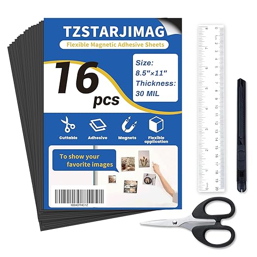 Magnetic Sheets with Adhesive Backing,8.5" x 11"(Pack of 16),30 mil Thick Cuttable Flexible Magnet Sheets for DIY Crafts,Photos and Stickers,Magnetic Paper Sheets with Strong Self Adhesive