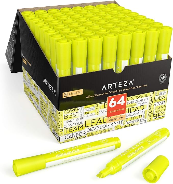ARTEZA Yellow Highlighters in Bulk, Pack of 64, Chisel Tip Markers