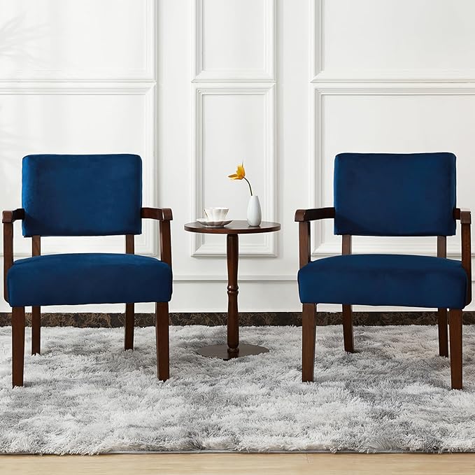 Accent Chair Set of 2 with Table, Living Room Chairs with Velvet Soft Seat & Armrests for Living Room Bedroom Reading Room Waiting Room (Velvet Navy)