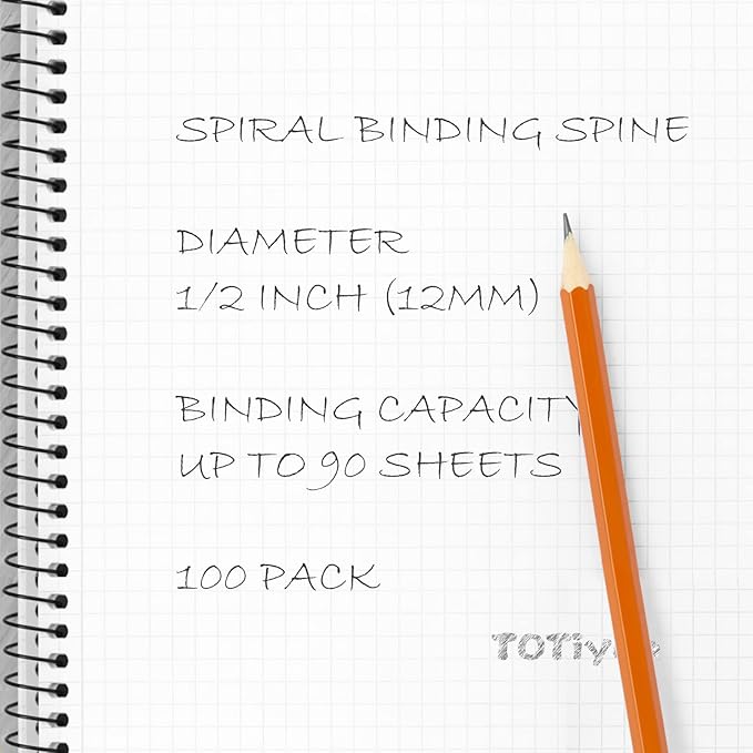 TOTiyea 100 Pack Plastic Spiral Binding Coils, 12mm(1/2") Binding Spirals, 90 Sheet Capacity, 4:1 Pitch, Black