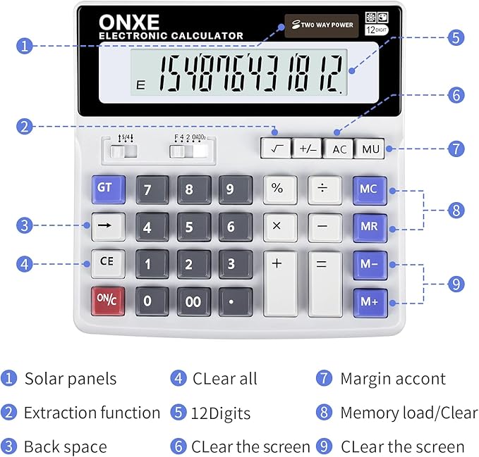 Calculators Desktop,ONXE 12 Digit Large Number LCD Display Office Desk Calculator, Two Way Power Battery and Solar,Big Button Standard Basic 4 Function Basics Calculators for Office Financial