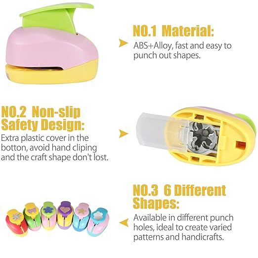 6 Pcs Colorful Craft Hole Punch with 10 Glitter Cardstock Papers, Decorative Scrapbook Paper Puncher Set, Different Shape Paper Hole Puncher Set for Office Supplies (6 Pcs- Different Shapes)
