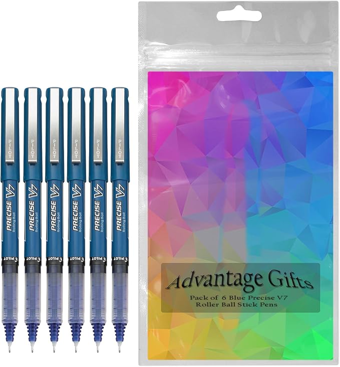 Precise V7 Stick Rolling Ball Pens, Fine Point (.7mm), Blue Ink, 6-pk; Bundle with Plastic Reusable Pouch
