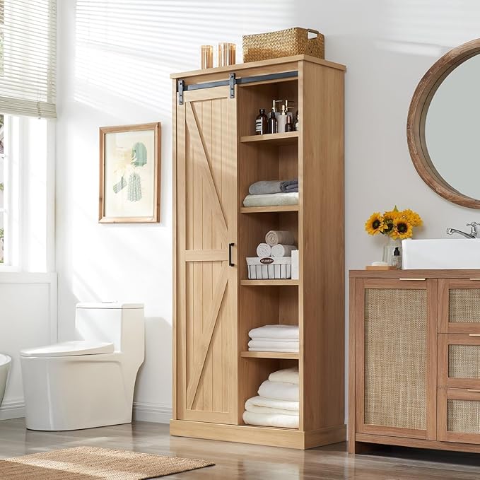 72” Tall Farmhouse Bookshelf, 32” Wide Large Wooden Bookcase w/Sliding Barn Door, 5-Tier Storage Cabinet with Adjustable Shelves, Modern Versatile Cabinet for Living Room, Offices, Natural Oak