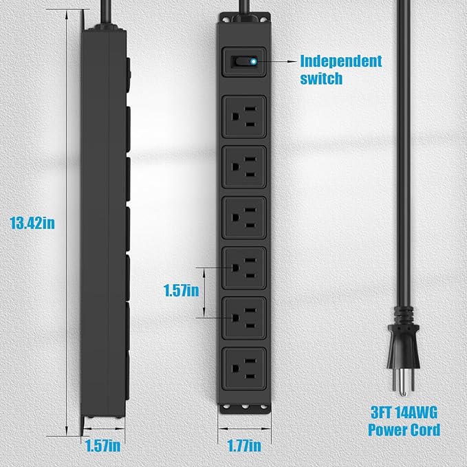 Magnetic Wall Mount Power Strip, Under Desk 6 Outlet Mountable Socket, Metal Long Heavy Duty Surge Protector for Garage, Gaming Table Or Workspace, 3FT Extension Cord.