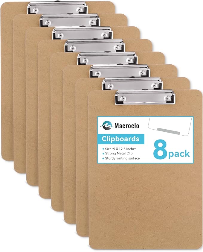 Wood Clipboards Set of 8, Letter Size Hardboard Clip Board 8.5x11 for Classroom, Students, Kid, A4 Standard Clipboard Size 9" x 12.5" with Low Profile Clip, Office Supply, School Supply.