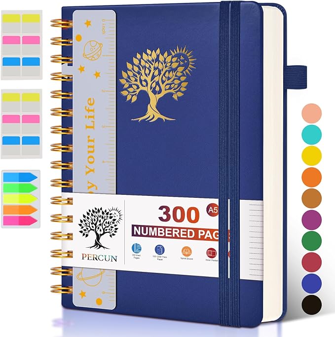 Spiral Notebook Journal for Women Men, 300 Numbered Lined Pages, College Ruled, A5 Hardcover Spiral Bound Notebook for School, Work, Note Taking Writing, Leather Spiral Journal Medium 5.9"x8.5"