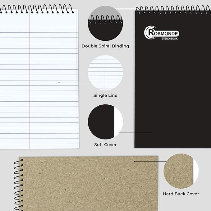 48 Pack Bulk Spiral Steno Pads, 6"x 9", Steno Notebook Gregg Rule, Black Covers, 80 Sheets (160 Pages), Top Spiral Notebook, Bulk Steno Notebooks for Notes in School, College, Office Notepad