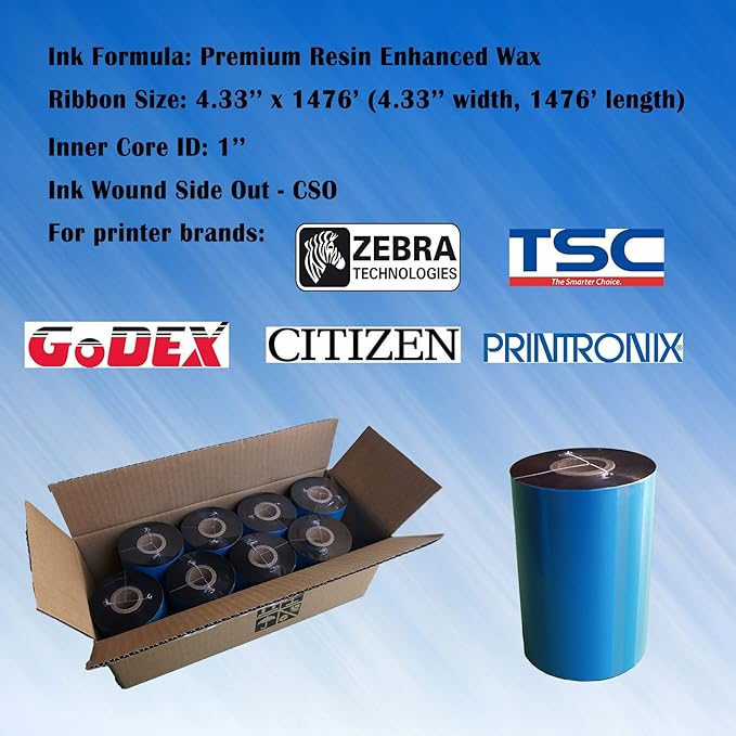 4.33'' x 1476' Premium Resin Enhanced Wax Ribbon, 110mm x 450m Black Thermal Transfer Ribbon, Barcode Thermal Label Printer Ribbon, CSO-Ink Outside, 1'' Core for Zebra, TSC, GoDex, Citizen (1 Roll)