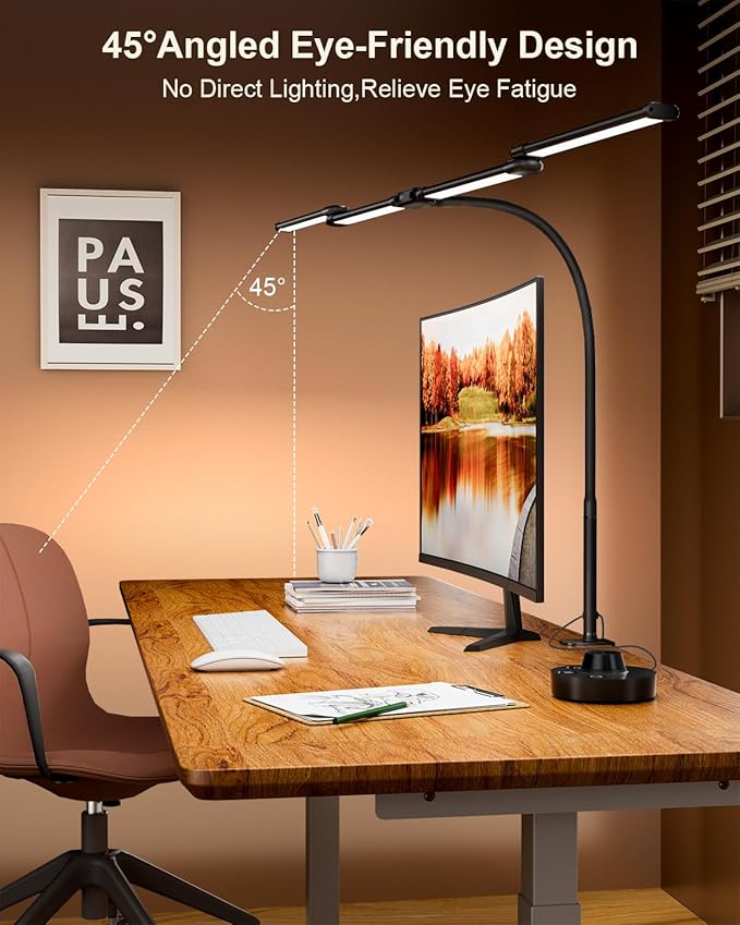 LED Desk Lamp with Clamp, 24W Ultra Architect Desk Lamp for Home Office, Stepless Dimming & Adjustable Gooseneck, Eye-Caring Light with USB Adapter for Reading, Study, Multi-Screen Setup (Black)
