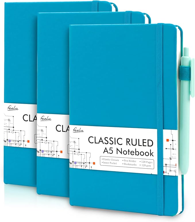 feela 3 Pack Notebooks Journals Bulk, Hardcover Notebook Classic Ruled Lined Journal Set with Pen Holder for Work Business Journaling Note Taking, with 3 Black Pens, 120 GSM, 5.1”x8.3”, A5, Teal