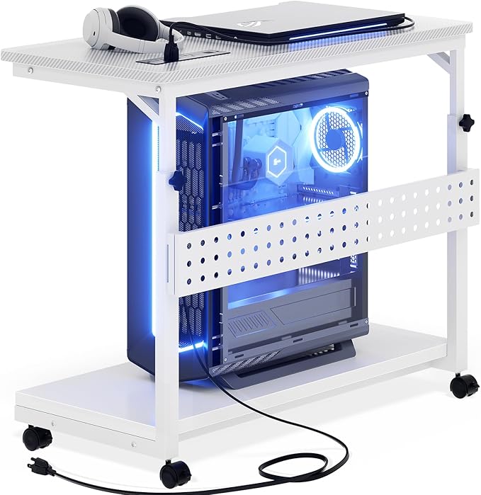 Computer Tower Stand with Power Strips, Height Adjustable PC Tower Stand/Cart with Wheels, Mobile Rolling CPU Holder, Computer Cart Side Stand for Computer Desk, 32", Carbon Fiber White