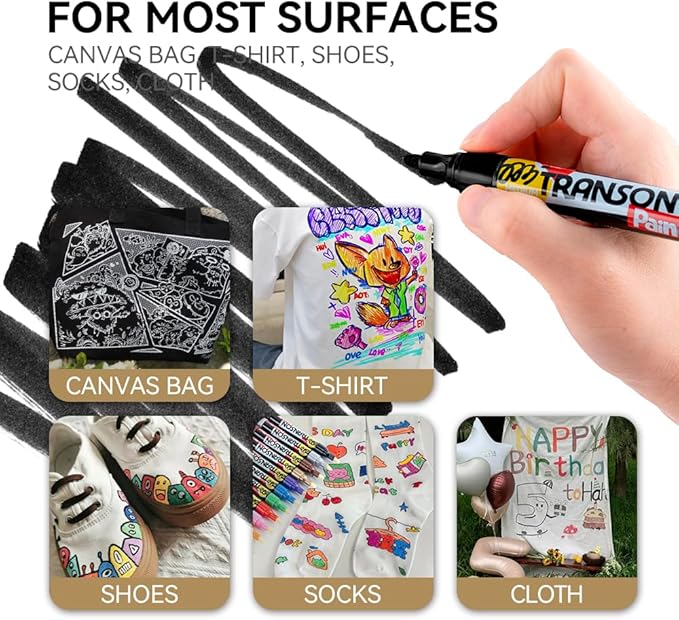 TRANSON 2 Black and 2 White Paint Markers for Fabric Rock Craft Diy Painting Medium Tip Oil Based Waterproof
