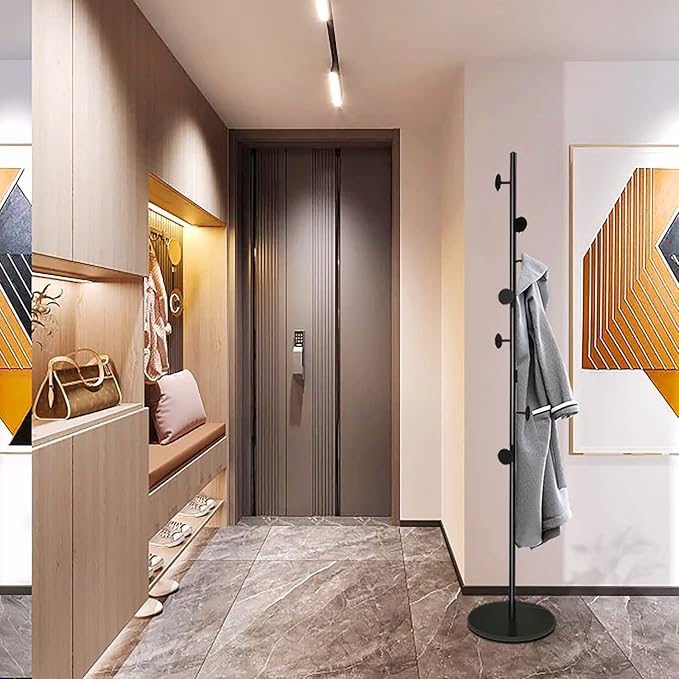 Coat Tree Freestanding, Metal Coat Rack Tree with 8 Hooks, Free Standing Hanger for Hats Scarves Purses Umbrellas, Coat Stands with Stable Base for Entryway Bedroom, Black