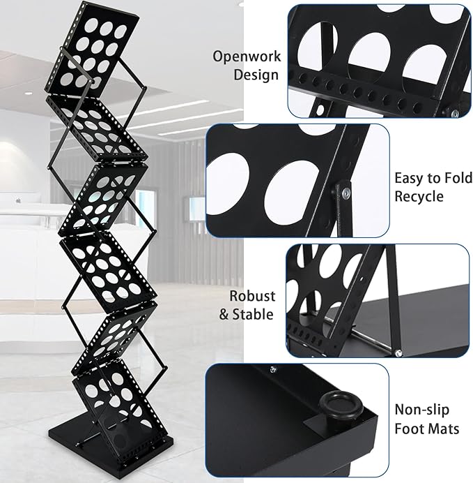 6 Pockets Foldable Magazine Rack, Pop up Brochure Display Stand, Catalog Literature Rack with Carrying Bag, Metal Magazine Display for Trade Show Office, A4 Size