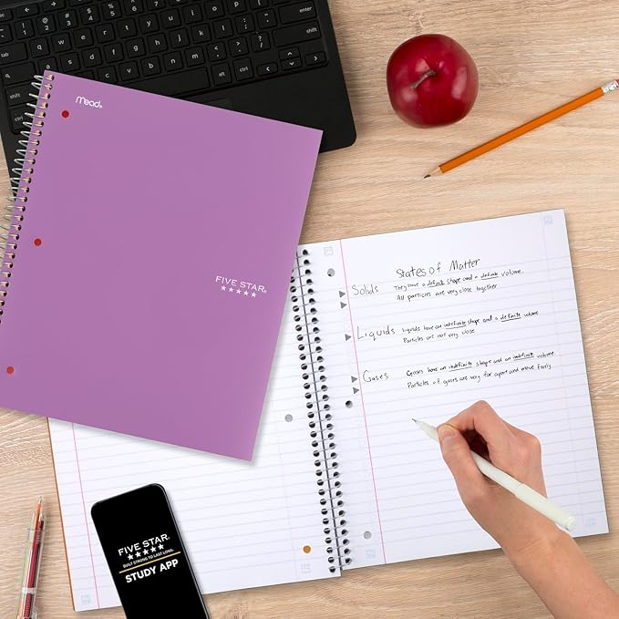 Five Star Spiral Notebook + Study App, 5 Subject, Wide Ruled Paper, Fights Ink Bleed, Water Resistant Cover, 8" x 10-1/2", 200 Sheets, Amethyst Purple (38739)