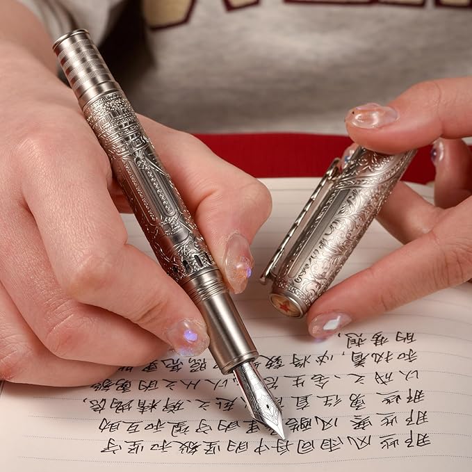 Hongdian 100 Piston Fountain Pen Silver Steel, Iridium Medium Nib Calligraphy Pen, Smooth Writing Pen with Pen Case Set