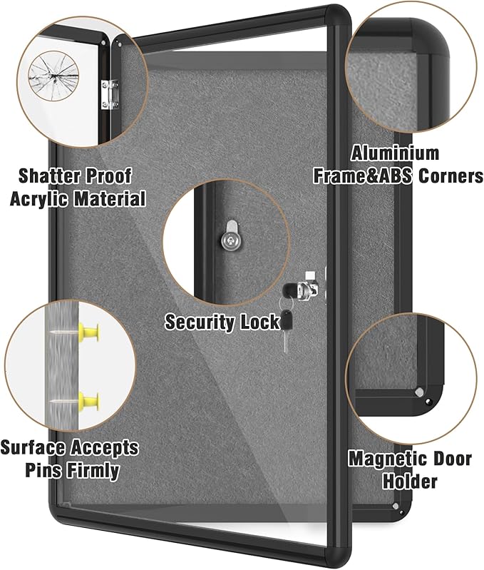 26"x20" Enclosed Bulletin Board, Lockable Weather-Resistant Aluminum Cork Noticeboard for School & Office, Black Frame w/Grey Flet
