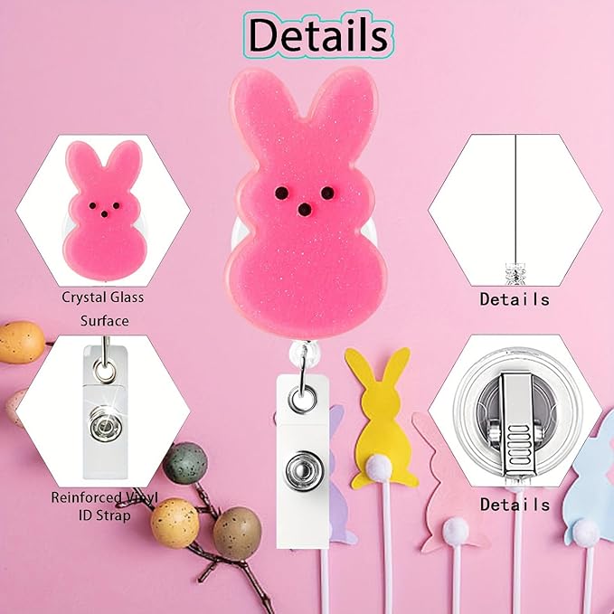 Easter Badge Reels Nurse Badge Reel,Funny Badge Reel,Cute Pink Bunny ID Name Badge Holder Full Cover Retractable Acrylic Clips for Office Teacher Student Nurse Doctor
