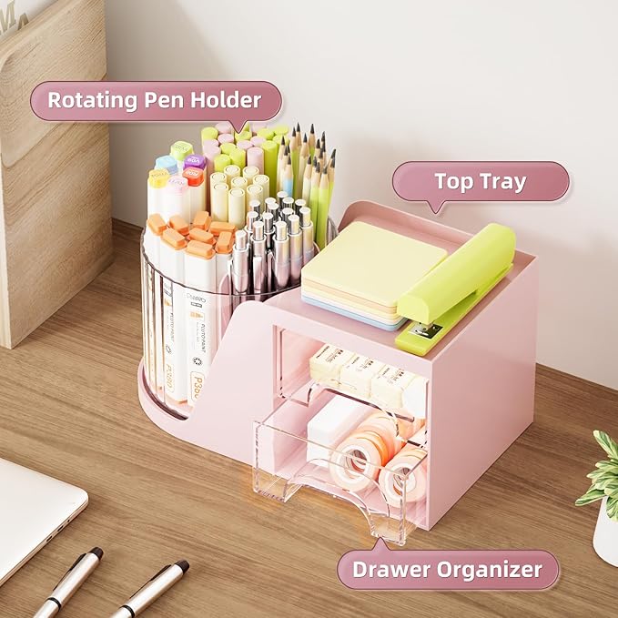 Marbrasse Desk Organizer with 2 Drawer, 360°Rotating Pen Holder for Desk, Desk Organizers and Accessories with 6 Slots Pencil Organizer + 2 Drawer, Art Supply Storage Box Caddy for Office (Pink)