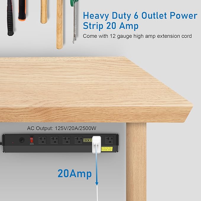 CCCEI Heavy Duty Power Strip Surge Protector 20 Amp, High Amp Industrial Shop Garage Metal Multiple Outlets, 10 FT 12 Gauge 5-15P Extension Cord 6 Outlet 6-20R T-Slot 20a for Appliance. Black.