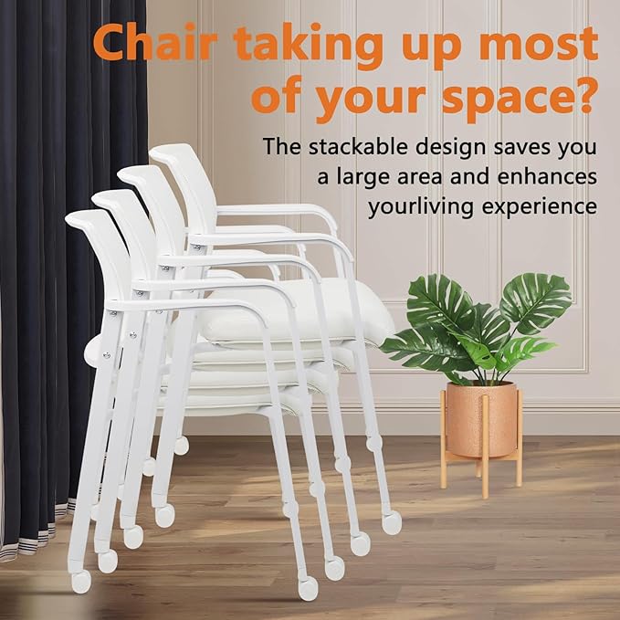 CLATINA Stacking Office Chairs with Wheels | Mesh Back, Thicken Leather Seat and Streamline Armrests, Ergonomic Lumber Support | School, Desk, Guest Reception, Waiting, Conference | Set of 4, White
