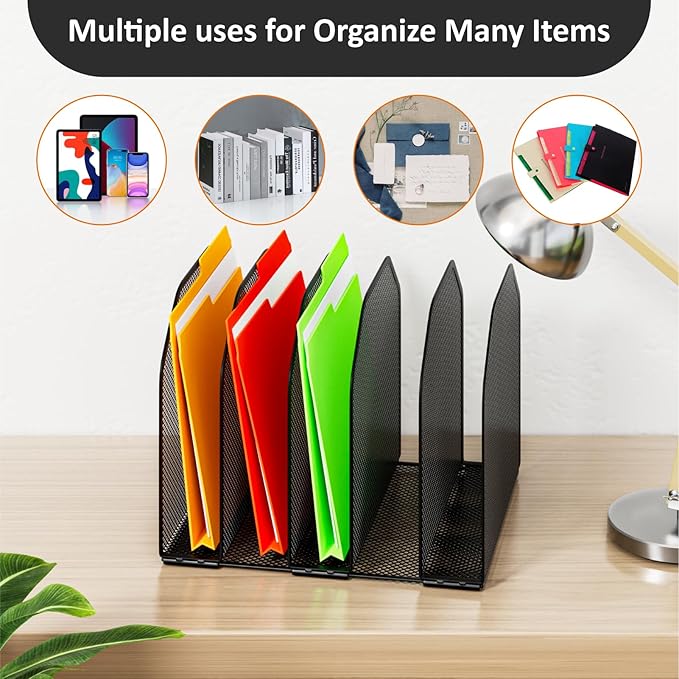 Desk File Organizer, Adjustable 5 Sections Upright Desktop Organizer File Sorter, Sturdy Metal Mesh Vertical Bookshelf File Holder Workspace Accessories for Home,School,Office Classroom,Black