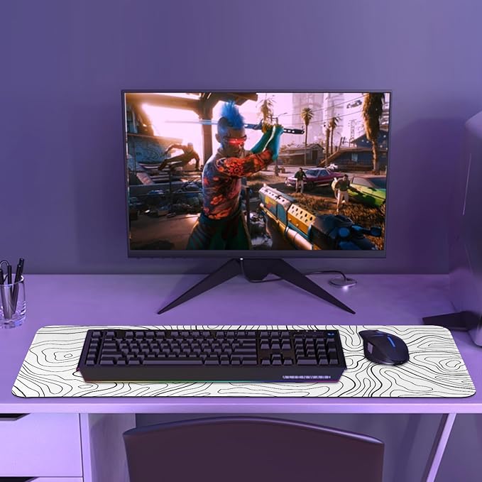 Gaming Mouse Pad Large 31.5 x 11.8in Topographic Keyboard Pad Mouse Pad for Non-Slip Base and Stitched Edge, Extended Desk Pad XL Keyboard Desk Mat (White)