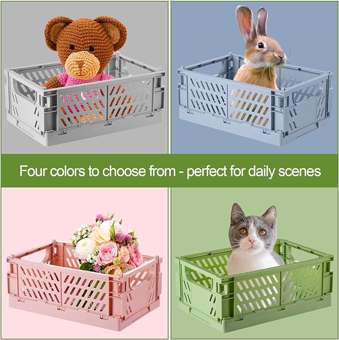 4-Pack Small Pastel Plastic Storage Baskets, Collapsible Crates for Organizing, Space-Saving Mini Bins for Classroom, Kitchen, Office, Bedroom (9.8" x 6.5" x 3.8")