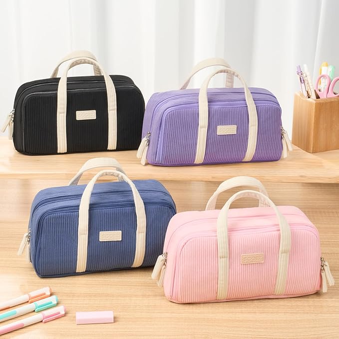 Sooez Large Pencil Case Pouch, Extra Big Pencil Bag with 5 Compartments, Pen Case Wide Opening, Soft Corduroy Pen Bag Organizer with Zipper, Cute Aesthetic School Supplies for Teen Girls, Brown