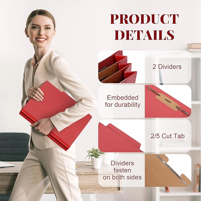 48 Pcs Classification Folders Bulk 2 Dividers File Folder with Fastener 2 Prongs Letter Size Pressboard Filefolders with 3.5 Inch Expansion for Organize Office Medical Document (Dark Red)