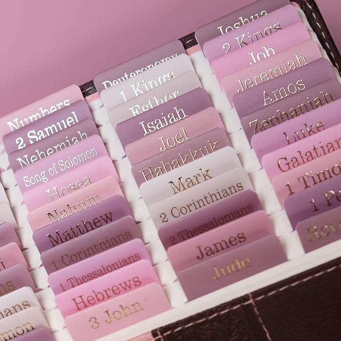 UPAFEXXI-Laminated Bible Tabs for Women and Men (Gold Foil Embossed Lettering) Reposition Large Print tabs, Easy to Read and Apply, 80 Bible Chapters Labels for Easy Navigation(Pink and White)