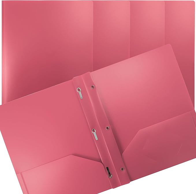 Better Office Products Pink Plastic 2 Pocket Folders with Prongs, Heavyweight, Letter Size Poly Folders, 24 Pack, with 3 Metal Prongs Fastener Clips, Pink
