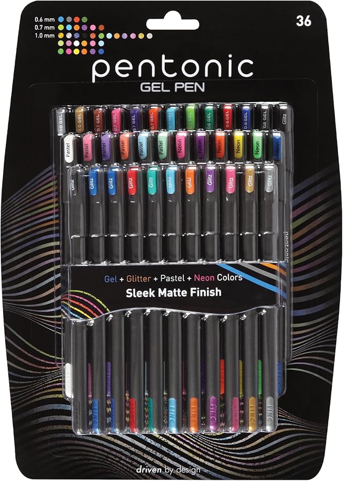 Pentonic Gel Pens, 36 Count, 36 Assorted Colors (Assorted Color, Neon, Pastel & Glitter), Medium & Fine Point, Smooth Writing For Journaling (1002358)
