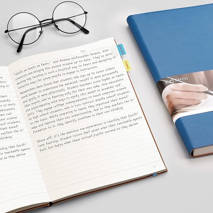 EMSHOI College Ruled Composition Notebook - Large B5 Notebook Lined Journal Leather with Free Sticky Notes, 204 Numbered Pages,100gsm Thick Lined Paper, Softcover, 7.5"x10"-LightBlue