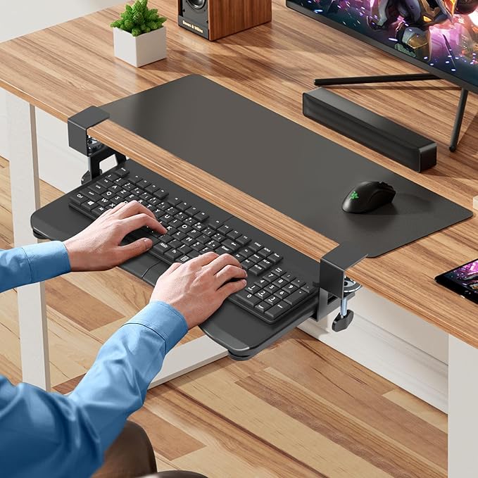 suptek Small Keyboard Tray Under Desk Pull Out with C Clamp Mount, Computer Keyboard & Mouse Tray, 20 (24.2 Including Clamps) x 11.8 inch Slide-Out Platform Computer Drawer for Typing, Black, DSF1S