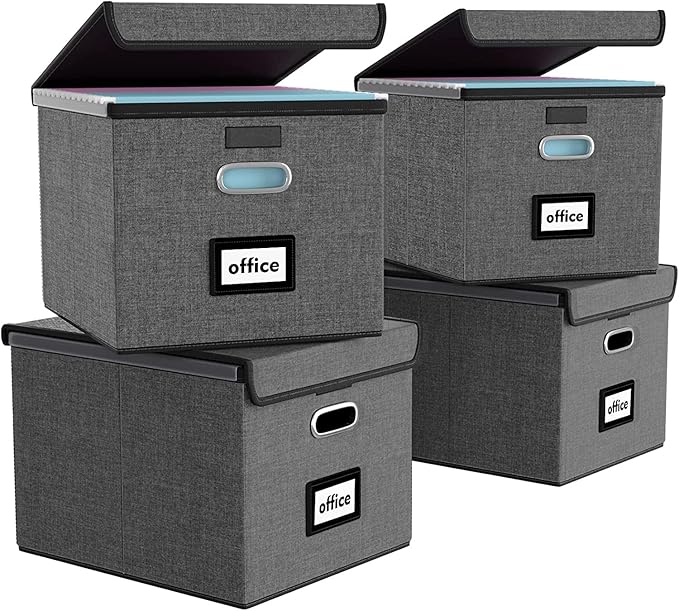 Huolewa File Organizer Box with Lid, Collapsible File Folder Organizer for Office Document Storage, Filing Box with Plastic Slide for Letter/Legal Size Hanging Files, Dark Grey