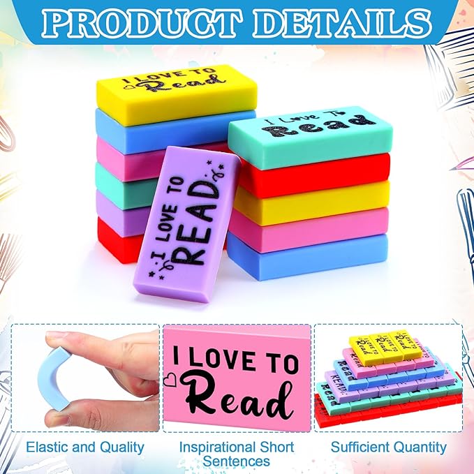 300 Pcs Inspirational Erasers for Kids Back to School Gifts I Love to Read Small Colorful Pencil Erasers for Students Classroom Cute Motivational Gift for Drawing School Office Supplies