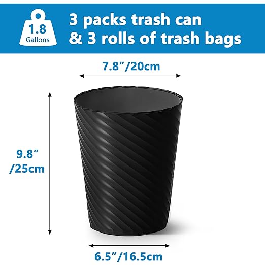 Bathroom Trash Can, 8 Pack 1.8 Gallons Small Trash Can with Trash Bags, Bathroom Garbage Can, Plastic Trash Bin, Round Waste Basket for Living Room, Bedroom, Office, Kitchen, Compact Space (Black)