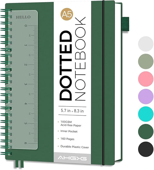 AHGXG Bullet Dotted Journal - Dot Grid Spiral Notebook A5, 160 Pages, 100 GSM Thick Paper, Waterproof Plastic Cover Journals for Bullet Journaling, Sketching, 5.7" x 8.3", Green