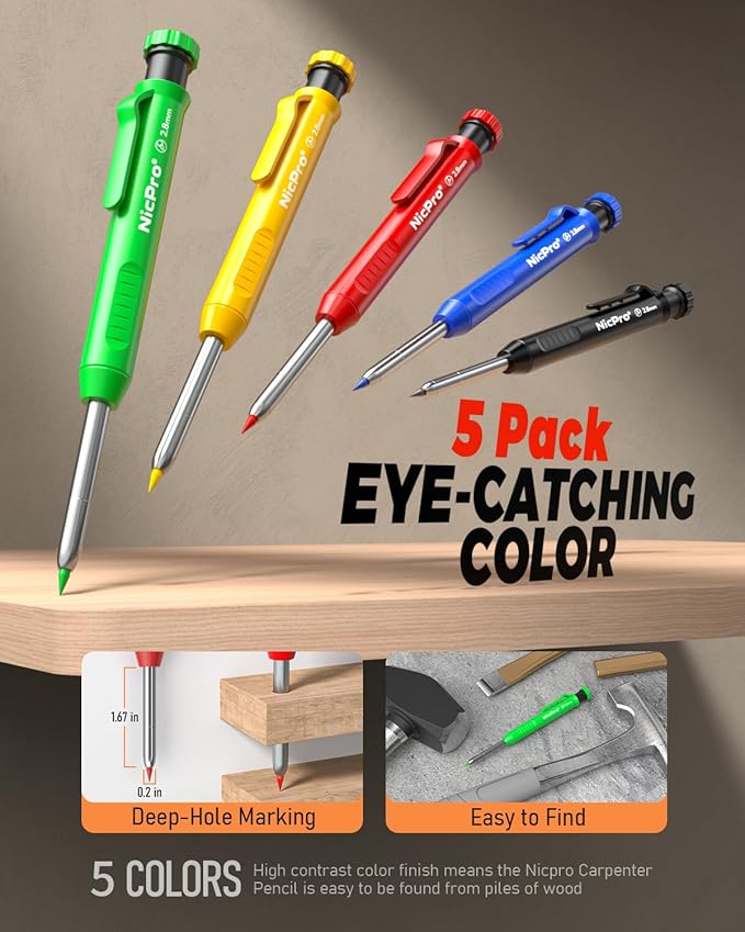 Nicpro 5 Pack Carpenter Pencil with Sharpener & Holders, Mechanical Carpenter Pencils Set with 53 Refills, Deep Hole Marker Woodworking Pencils, Heavy Duty Construction Pencils for Architect-With Case