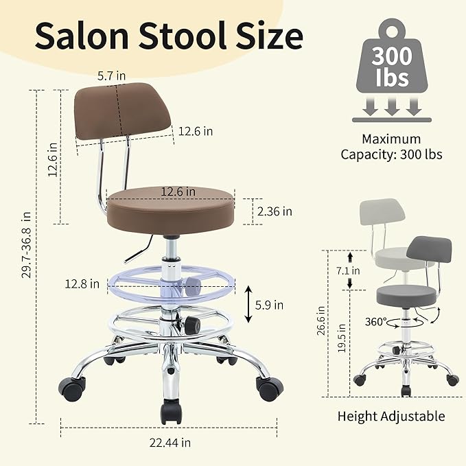 Salon Rolling Chair, Adjustable Stool with Footrest and Back 19.5’’-26.6’’,Coffee Brown Massage Stools with Wheels (Coffee Brown)