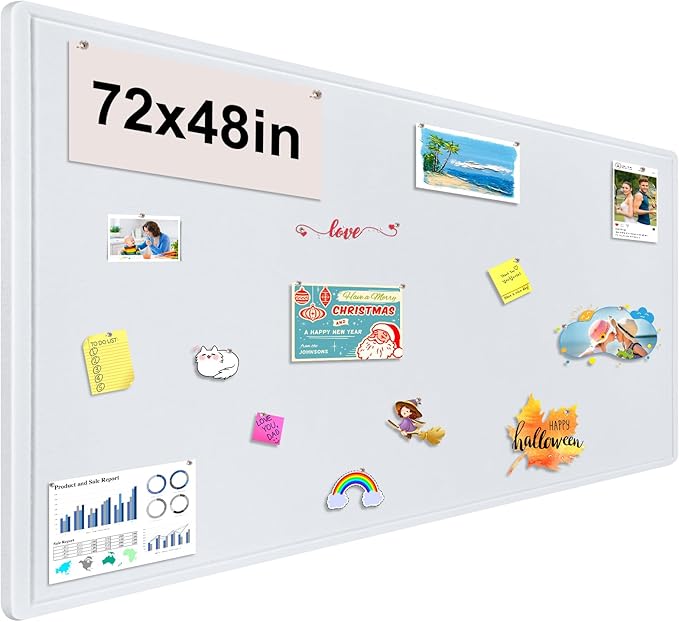 Large Bulletin Board, Foldable 72x48 Inches Cork Board Alternative, Large Felt Board Decorative Pin Board for Wall, Foldable Photo Board Self-Adhesive Vision Board with 36 Pushpins White