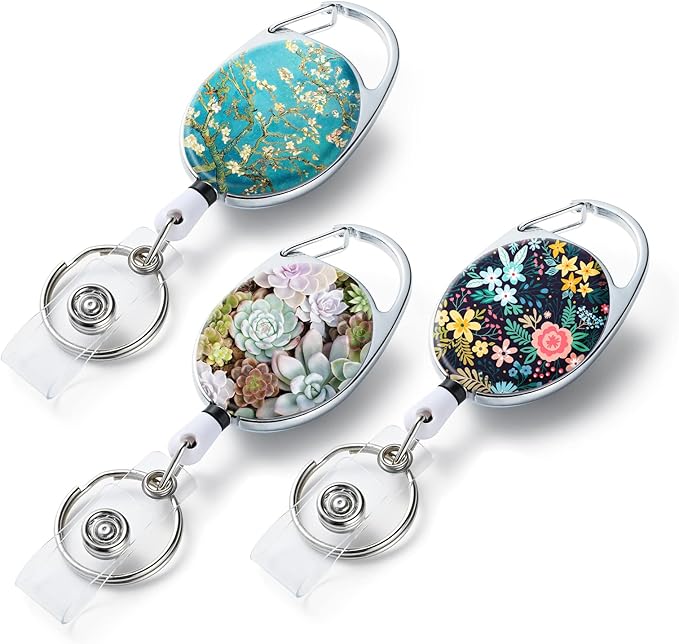 3 Pack Badge Reels Retractable，Double Sided Color Print Pattern Retractable Badge Holders，with Retractable Keychain, Badge Clip and Key Ring，Durable Nylon Retractable Rope