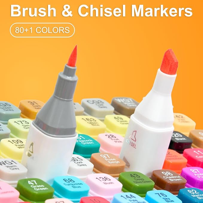 AnyMark Alcohol Markers Brush Tip, 80+1 Colors Dual Tip Brush & Chisel Alcohol-Based Art Markers Set with Case for Adult Artists Drawing Coloring