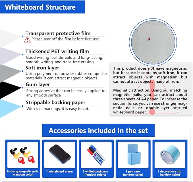 Magnetic White Board Film, 47" x 23" Dry Erase Board for Wall, Self Adhesive Whiteboard Paper Set for Office, Conference Room, Classroom, Home, Include Marker, Magnetic Eraser and Magnets