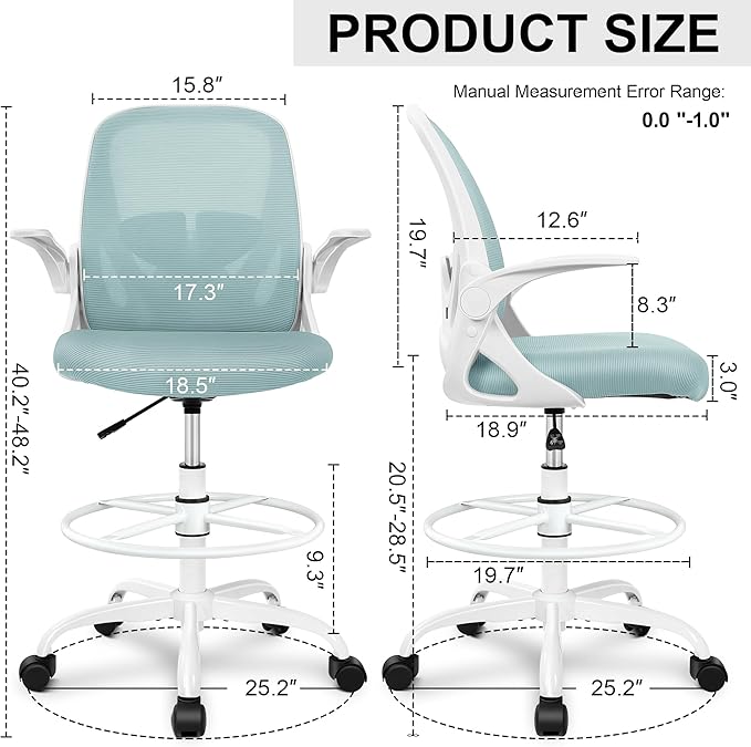 Primy Drafting Chair Tall Office Chair with Flip-up Armrests Executive Ergonomic Computer Standing Desk Chair with Lumbar Support and Adjustable Footrest Ring（Light Blue）