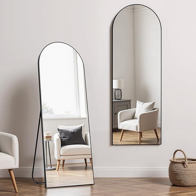 Simple Deluxe Arched Wall Mirror Full Length, 59"x16" Floor Mirror with Stand, Full Length Body Floor, Wall Mounted Mirror for Bedroom, Black