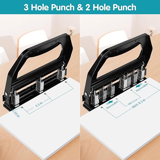 AFMAT Heavy Duty 3 Hole Punch, 50-Sheet, 50% Reduced Effort, Adjustable Two & Three Hole Punch, Metal Paper Puncher w/Large Chip Tray, Metal Paper Guide, Black